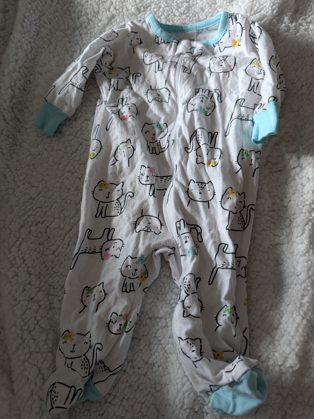 White Baby Footed One-Piece with Light Blue Trim and Cat Print